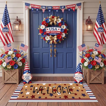 Tinideya 2 Pcs Long 4th of July Layered Outdoor Doormat Set, 250th Anniversary Patriotic Star Coir Welcome Mat with Red White Blue Stripe Rug for Independence Day Front Porch Entryway Home Decor - style: Star