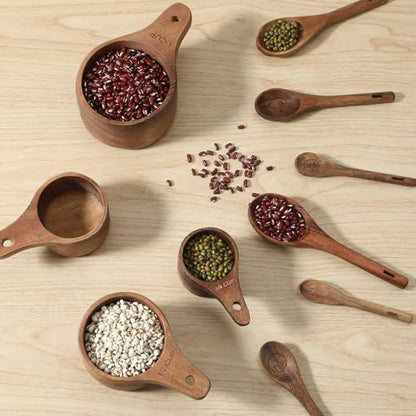10-Piece Wooden Measuring Cups and Spoons Set, Handcrafted Acacia Wooden Measuring Cups - Solid Acacia Wood, Laser Engraved, Wood Rustic Kitchen Accessories for Baking, Cooking