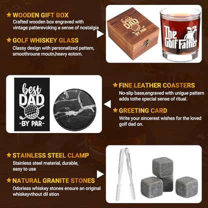 Bayelove Whiskey Glass Gifts for Golf Dad, Best Gift for Men, Gift with 12oz Whiskey Glasses, Stones, Coaster, Wooden Box for Golf-Dad - color: Golf Dad