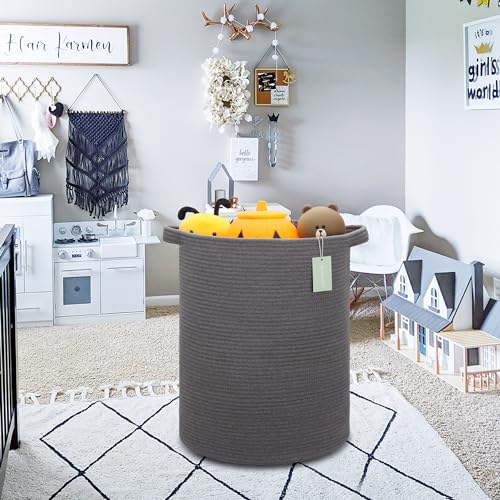 Cotton Rope Blanket Basket, 72L Tall Laundry Hamper, Dark Gray | 16"x 22", Large Collapsible Woven Nursery Hamper with Sturdy Handles for Clothes Toys Towels, Bedroom Living Room Bathroom - color: Dark Gray, size: 72L (16"x22")