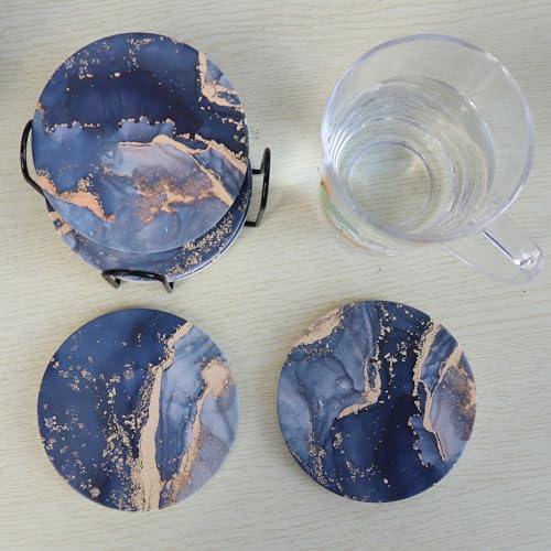 Navy Blue Marble Ceramic Coasters with Holder Absorbent Drink Coaster Set Outdoor Round Abstract Cute Table Decorative Coffee Cup Beverage Fun Wine Beer Bar Gold Housewarming 6 Pack - style: Navy Blue Gold