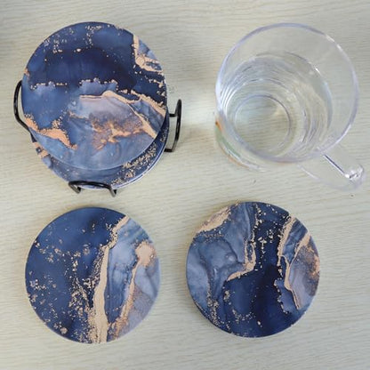 Navy Blue Marble Ceramic Coasters with Holder Absorbent Drink Coaster Set Outdoor Round Abstract Cute Table Decorative Coffee Cup Beverage Fun Wine Beer Bar Gold Housewarming 6 Pack - style: Navy Blue Gold