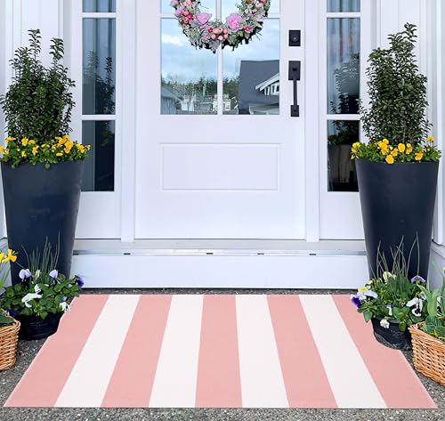 Outdoor Front Door Mat 24"x35",Pink White Washable Striped Layered Doormat | Cotton Woven Indoor/Outdoor Small Area rug Combined With Hello Welcome Mat - color: Pink White, size: 2' x 3' (Rectangular)