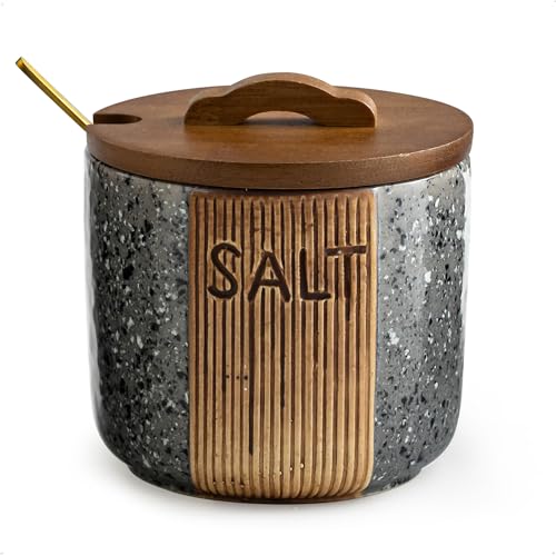 Salt Container for Countertop, 10 OZ Ceramic Salt Cellar with Lid | Salt Bowl with Wooden Lid and Spoons, Easy Access, Farmhouse Kitchen Accessories, Gray Salt Holder - color: Gray, size: Set of 1