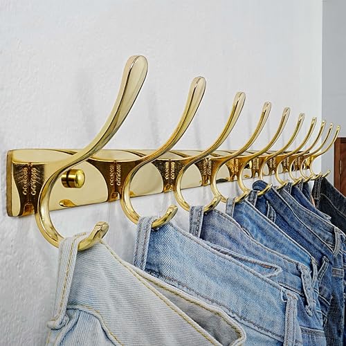 SKOLOO Wall Mounted Coat Rack - 10 Hooks, Heavy Duty, Stainless Steel, Metal Wall Hangers, Sturdy Coat Hooks for Hanging Coats, Jacket, Clothes, Hat, Bright Gold - color: Bright Gold, size: 10 Hook(1 Pack)