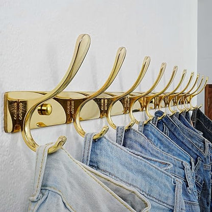 SKOLOO Wall Mounted Coat Rack - 10 Hooks, Heavy Duty, Stainless Steel, Metal Wall Hangers, Sturdy Coat Hooks for Hanging Coats, Jacket, Clothes, Hat, Bright Gold - color: Bright Gold, size: 10 Hook(1 Pack)