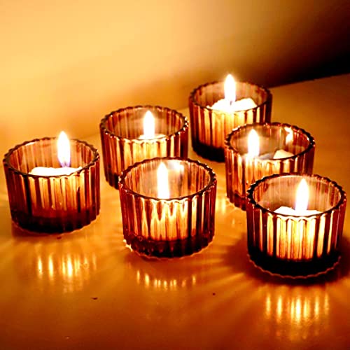 VOHO Amber Tealight Candle Holder Set of 12, Glass Votive Candle Holders | Thanksgiving Brown Tea Light Candle Holder for Home, Votive Candle Holders for Table Centerpiece, Fall Wedding Decor(2x1.4In) - color: Brown