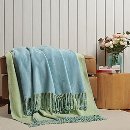 EP Mode Reversible Fringed Mulberry Silk Throw Blanket for Sofa (Crystal Blue/Lime) - color: Crystal Blue/ Lime