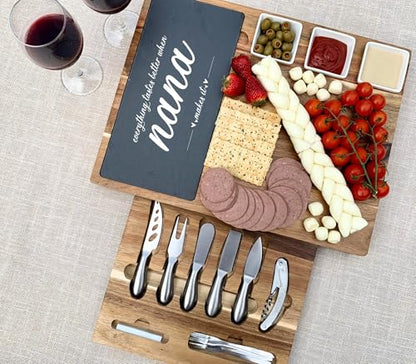 Custom Acacia Charcuterie Board with Slate & 19-Piece Knife Set – Personalized Cheese Board Wedding, Housewarming & Thanksgiving Gift - color: Design #35