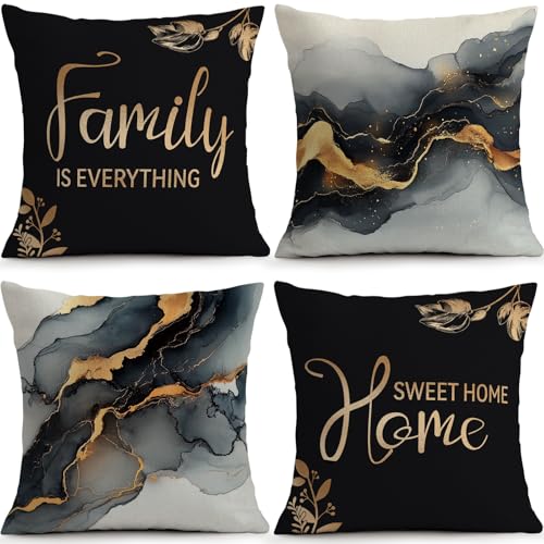 Black Gold Marble Pillow Covers Set of 4, 16x16 Bless Home Decor | Premium Faux Linen Black Gold Marble Pillow Covers with Bless Home Design Add Modern Luxury Style to Sofa Living Room - color: Home Sweet Black Gold Marble, size: 16" x 16" (Pack of 4)