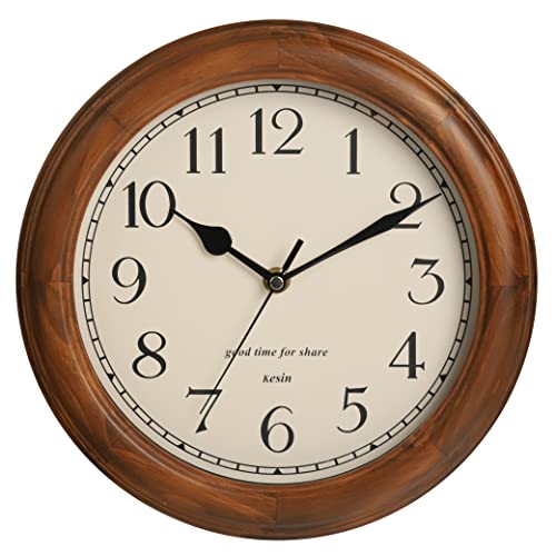 Kesin Wooden wall Clock with Retro Design, 11 Inches Round Wall Clocks | Battery Operated Silent Non-Ticking, Big Arabic Numerals, for Kitchen Living Room Classroom Gym and Pool, Brown - color: Brown, size: 11 inch