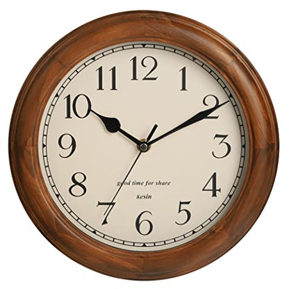 Kesin Wooden wall Clock with Retro Design, 11 Inches Round Wall Clocks | Battery Operated Silent Non-Ticking, Big Arabic Numerals, for Kitchen Living Room Classroom Gym and Pool, Brown - color: Brown, size: 11 inch