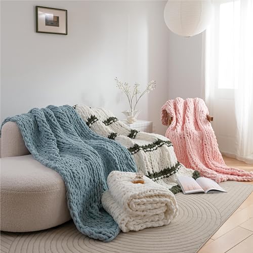 Chunky Knit Blanket Throw 51"×63" for Couch Pink | 100% Handmade Knitted Throw Blanket Fluffy Soft Blanket with Jumbo Chenille Yarn Thick - color: Pink, size: 50"*60"