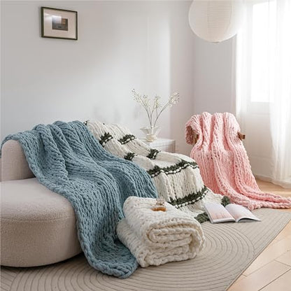 Chunky Knit Blanket Throw 51"×63" for Couch Pink | 100% Handmade Knitted Throw Blanket Fluffy Soft Blanket with Jumbo Chenille Yarn Thick - color: Pink, size: 50"*60"