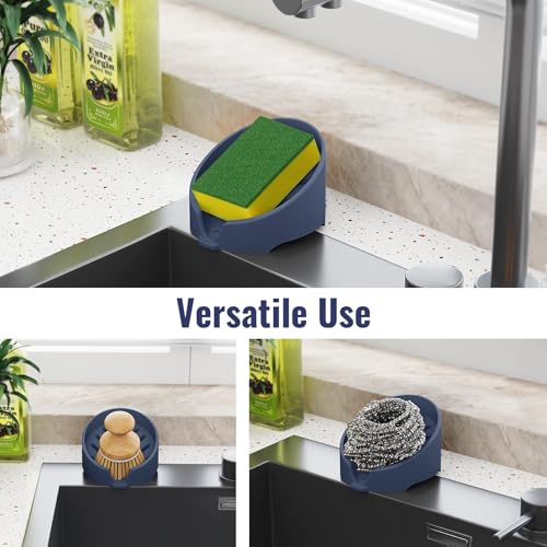 NiHome Silicone Sponge Holder for Kitchen Sink, Fits Scrub Daddy Mommy | Self-Draining Dispenser Organizer Tray, Sink Caddy Countertop Fits Soaps, Scrubber, Dishwasher Safe, Includes Brush - color: Dark Blue