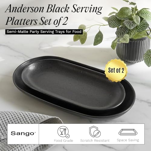 SANGO Anderson Serving Platters Set of 2, 14/12 Inch Stoneware Serving Dishes for Entertaining, Semi-Matte Party Serving Trays for Food, Buffet Oval Platters for Bread, Appetizer, Cheese, Matte Black - color: Black