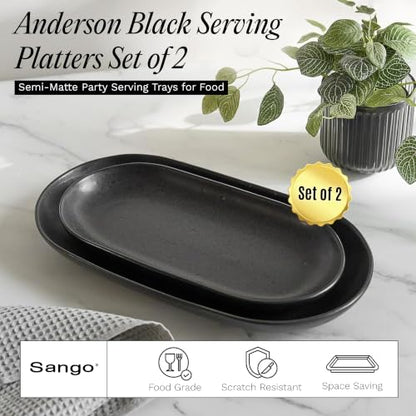 SANGO Anderson Serving Platters Set of 2, 14/12 Inch Stoneware Serving Dishes for Entertaining, Semi-Matte Party Serving Trays for Food, Buffet Oval Platters for Bread, Appetizer, Cheese, Matte Black - color: Black