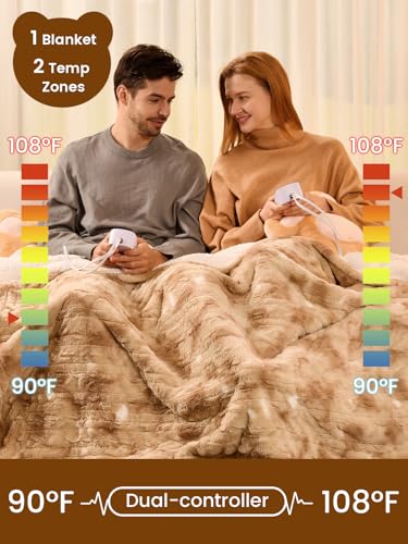 Bearhug Electric Blanket King Size with Dual Controls, 10 Heat Levels & 1-12H Auto Shut-Off, Fast Heating Soft Faux Fur to Sherpa Heated Blanket for Couples, Machine Washable, Champange - color: Champagne-faux Fur & Sherpa, size: King Size 100" × 90"