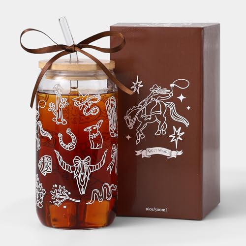 Western Gifts for Women, Cute Glass Cup for Western Cowgirl Stuff | Iced Coffee Tumbler Glass Cup with Lid Straw for Country Girl Gift Thanksgiving Christmas Birthday Mothers Day Friend 16oz - style: Western