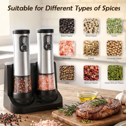 Flelano Electric Salt & Pepper Grinder Set, 2-Speed Setting, Stainless Steel Rechargeable Automatic Pepper Mill Shakers, Charging Base 100ml Capacity External Adjustable Coarseness LED Light,Black - color: Black