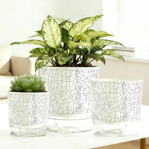 3 Pack 4.3+5.5+6.3 Inch Self Watering Pots Set, Self Watering Planter with Reservoir and Wick Rope for Indoor/Outdoor Plants, Modern Houseplants Pots for African Violets,Cactus,Herbs,Succulents - color: Crackle Pattern