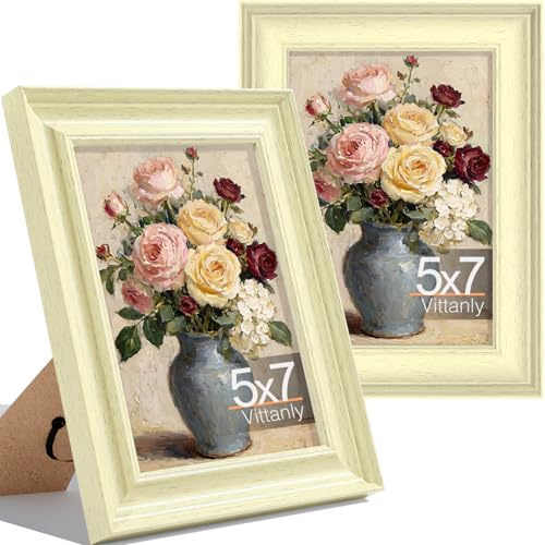 Vittanly 5x7 Picture Frames Set of 2, Ornate Vintage Photo Frame for Wall or Tabletop, Display 4x6 Pictures with Mat or 5x7 without Mat, Beige - color: Beige, size: 5x7