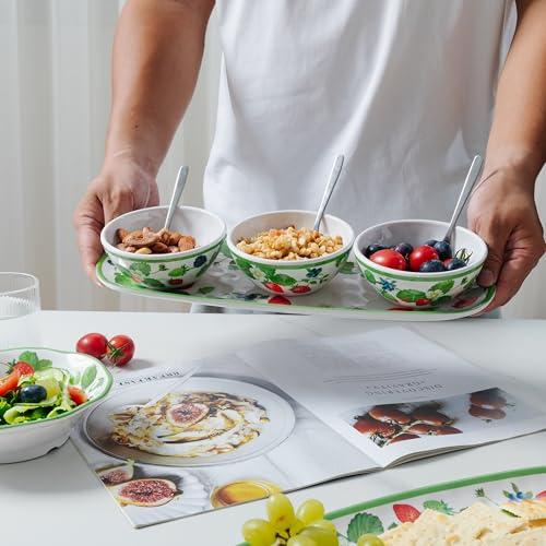 LEHAHA Strawberry Melamine Chip and Dip bowl Serving platter, Set of 3. Rectangular serving platter and small serving bowl sets. Round Dipping Dishes for Condiments, Pre, Dessert, Salsa, Entertaining - color: Strawberry