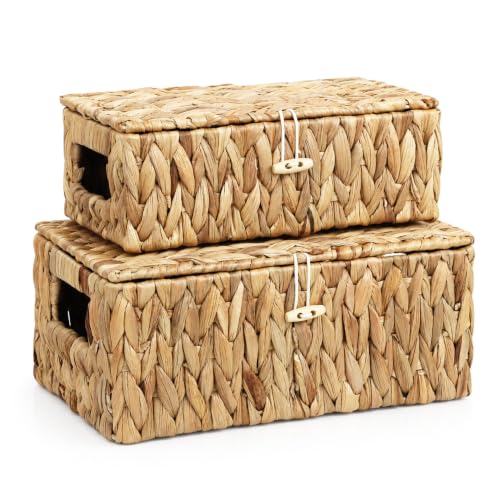 Water Hyacinth Wicker Baskets with Lids, Set of 2 | Small and Medium Storage Boxes, Shelf Organizer Bins, Rectangular Woven Design, Multipurpose Home Storage, Natural Decor - size: Small + Medium
