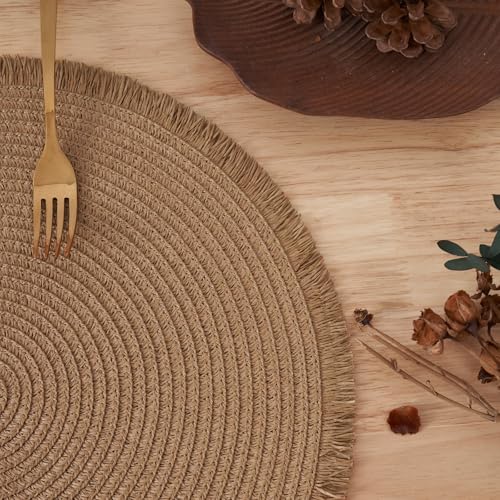 15 Inch Set of 6 Round Woven Placemats Braided Paper Heat Resistant Table Mats with Tassel Boho Indoor Outdoor Table Placemats for Dining Tables (Brown) - color: Brown