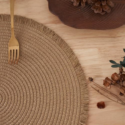15 Inch Set of 6 Round Woven Placemats Braided Paper Heat Resistant Table Mats with Tassel Boho Indoor Outdoor Table Placemats for Dining Tables (Brown) - color: Brown