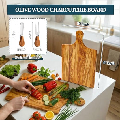Olive Wood Charcuterie Board Knife Fork Set Rectangle Long Handle | 15x10 Handcrafted Cheese Serving Platter, Wedding Housewarming Gifts Couples, Natural Wood Grain Kitchen Board - color: Olive Wood, style: Rectangle with Long Handle