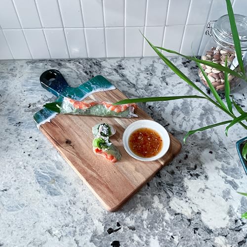 Acacia Wood Serving Board with Handle, 18.1" x 9.8", Dual-Sided Resin Art Tray for Display & Prep, Handcrafted Cutting Board, Includes Stand & Loofah, Christmas Housewarming Gift (Rectangular) - color: Rectangular Cutting Board, size: 18.1" x 9.8" x 0.7"