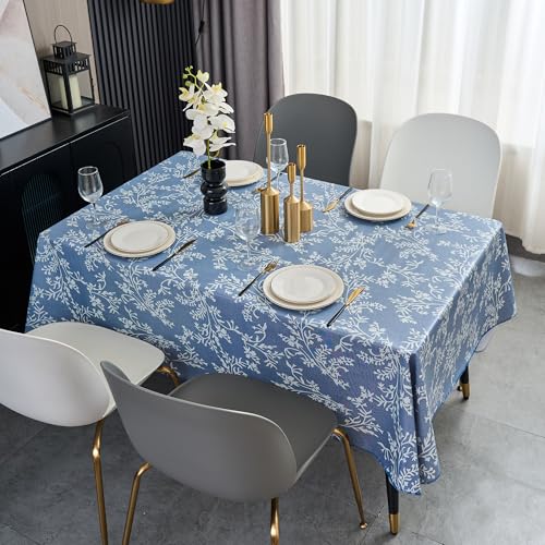 Pioggia Vinyl Tablecloth with Flannel Backing - Waterproof, Oil-Proof, Easy to Clean -Plastic Table Cloth - Perfect for Dining Tables, Kitchen Tables, Parties (Blue Leaves, 60×120 Inch Rectangular) - color: Blue Leaves, size: 120" x 60" (Rectangular)