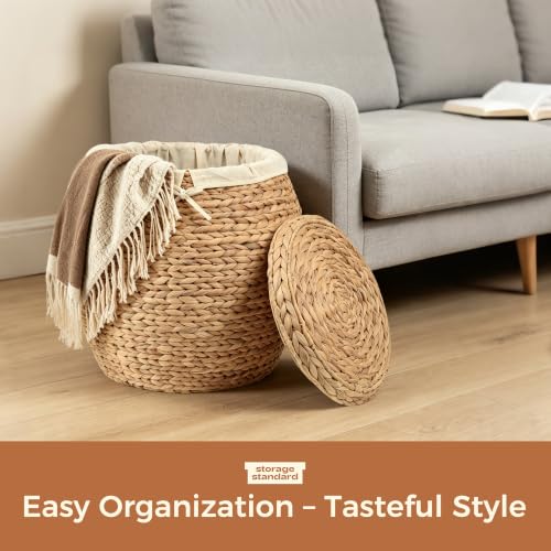 Wicker Basket with Lid Decorative Storage - Large Blanket Basket for Living Room, Plants, Organization, Handwoven Water Hyacinth Material w/Removable Cotton Liner & Tall Round Design
