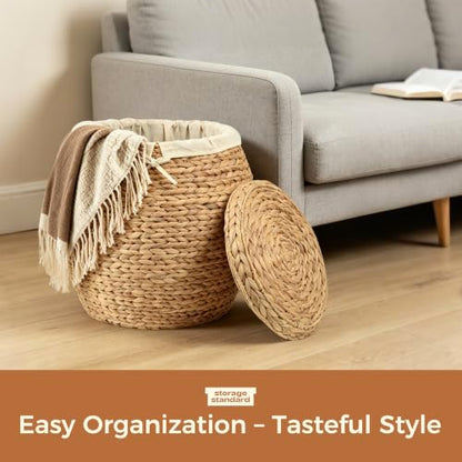 Wicker Basket with Lid Decorative Storage - Large Blanket Basket for Living Room, Plants, Organization, Handwoven Water Hyacinth Material w/Removable Cotton Liner & Tall Round Design