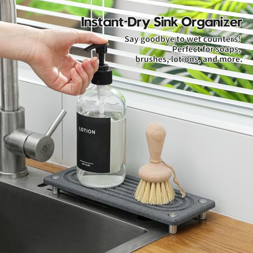 Water Absorbing Stone Sink Caddy Kitchen Sink Organizer Tray, Diatomite Bathroom Counter Tray, Faucet Drying Mat Coaster Soap Dish Rack Riser Dispenser Sponge Holder, Charcoal 10" x 4" - color: 10"x 4" - Charcoal