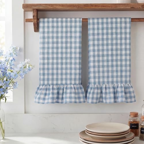 HunnmingRe 2 Pcs Dusty Blue Gingham Kitchen Towels Cotton Ruffle Dish Towel | 100% Cotton Dish Cloths, 18x28 Inch Tea Towels For Farmhouse Gifts, Soft Absorbent, Drying Dishes, Classic Plaid Pattern - color: Dusty Blue, style: Gingham