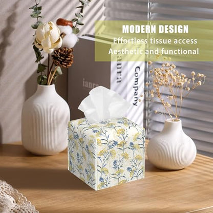 Yellow Berries and Leaves Tissue Box Cover Square, Autumn Floral Tissue Box Holder with Bottom Belt Leather Facial Paper Organizer Dispenser for Bathroom Bedroom Dresser Night Stand Tabletop - color: Yellow Berries and Leaves