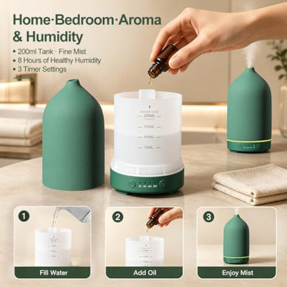 200ML Ceramic Essential Oil Diffuser for Home, Stone Diffuser | Ultrasonic Aromatherapy Diffuser & Air Humidifier for Bedroom, Office, Yoga, 7 LED Lights, Auto Shut-Off, 3 Timers, Green - color: Green