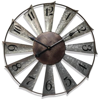 Evursua 24 Inch Modern Farmhouse Clock Large Metal Windmill Clock for Walls Indoor Outdoor Home,Galvanized Metal Decor Wall Clock Distressed