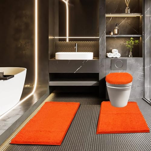Bathroom Rugs Sets 3 Piece with Toilet Seat Cover 17.5"x 15" | Machine Washable Bath Rug Set with Tpr Non Slip Rubber Backing Solid Bath Mat Set for Luxury Bathroom Decoration - color: Orange, size: 17.5" x 15"+ 32" x 20"+ U 24" x 20"