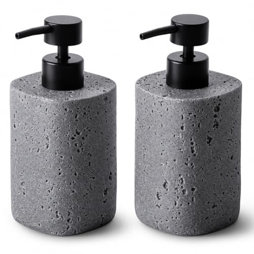 Clasin Home 2 Pack Gray Resin Soap Dispensers, Refillable Liquid Lotion Dispenser Bottles with Travertine-Look for Bathroom and Kitchen Countertop, Modern Stone Texture (10.8 oz) - color: Gray
