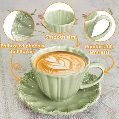 8oz Tea Cups and Saucers, Ceramic Latte Cup,Relief Cappuccino Cup and Saucer Set, Elegant Porcelain Tea Cups, Espresso Cup Set Dishwasher & Microwave Safe,Green - color: Green