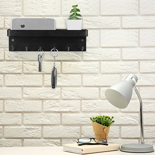 MyGift Wall Mounted Black Metal Key Rack for Wall Entryway with Mail Holder and Catchall Accessories Shelf