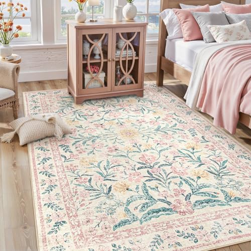 Lahome Sylvie Pink Bedroom Rug for Girls Room Decor, 5x7 Washable Cute Playroom Nursery Rug, Soft Floral Low Pile Carpet for Kids Living Dining Room Indoor, Pink/Multi - color: Blush Pink, size: 5' x 7' (Rectangular)