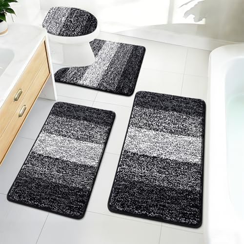 Bsmathom Bathroom Rug Set 4 Piece, Plush Microfiber Bath Mat, Black | Super Water Absorbent, Non Slip Machine Washable Bath Rug Sets with Toilet Lid Cover and U-shaped Contour Toilet Mat - color: Black, size: 18"x26"+20"x31"+U20"x24"+Cover19"x21"