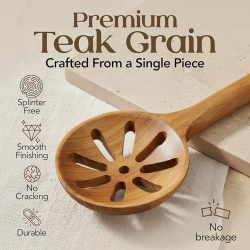 SANJH Teak Wooden Utensil Set for Cooking - 8 Piece Teak Wooden Spoons Set | Spatula Scraper Pasta Spoon Rice Paddle Tongs, Smooth Sanded Finish, Comfortable Grip Handles, Gentle on Cookware