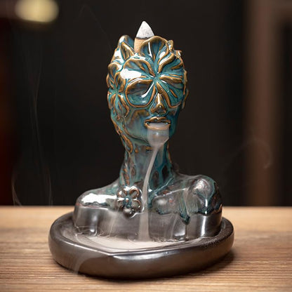Flower Masked Half Face Women Statue Backflow Incense Holder,Waterfall Incense Burner Holder for Sticks Cones Home Office Yoga AI035 - color: Women C