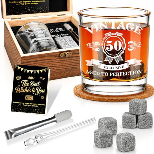 50th Birthday Gifts for Men Whiskey Glass Set, Vintage 1976 Wood Gift Box | Whiskey Stones Coaster, Glass Pipette & Tongs, Aged to Perfection 50 Year Old Bday Gifts Ideas for Him Dad Husband Friends - style: 50th Mens Gifts