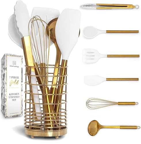 Styled Settings White and Gold Kitchen Utensils Set with Holder, 7-Piece | Silicone Cooking Tools with Gold Utensil Holder - Luxury Kitchen Accessories for Stylish Cooking and Serving - color: 7 Piece White & Gold